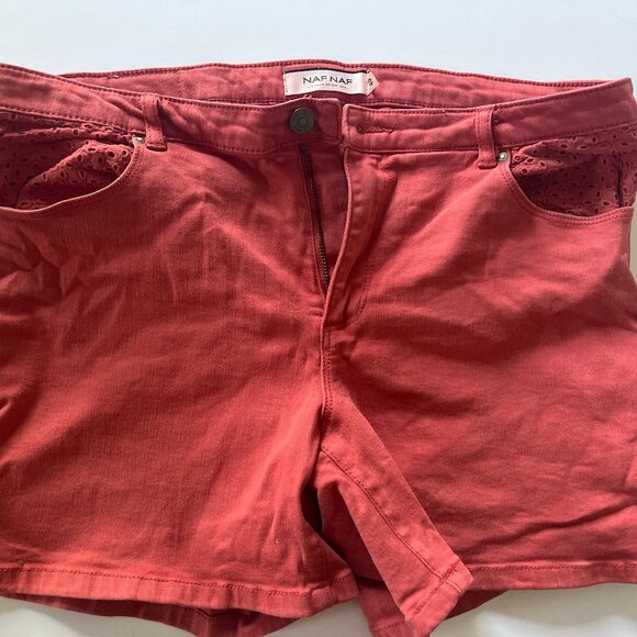 NAF NAF Paris Coral Cotton Denim Eyelet Shorts - Picture 1 of 5